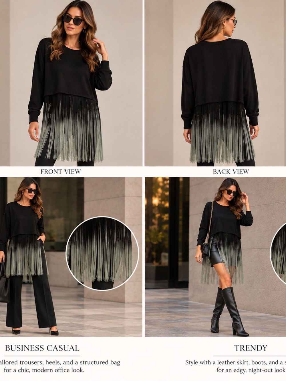 Black High-Low Fringe Skirt Top in Black and Olive